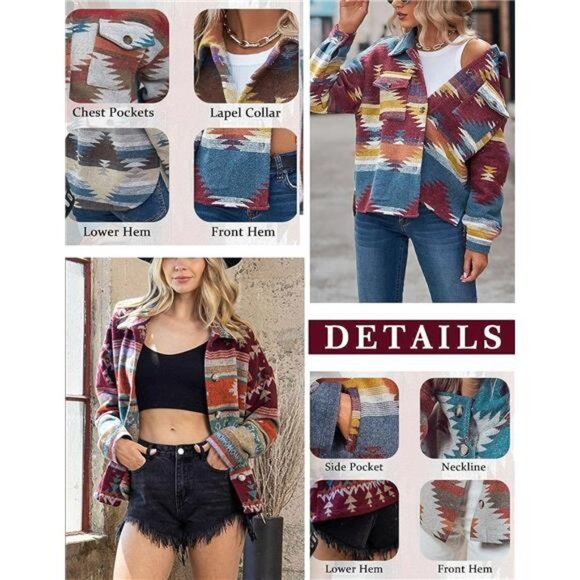 Red Aztec Tribal Southwestern Printed Button Down Corduroy Shacket Jacket - Picture 4 of 5